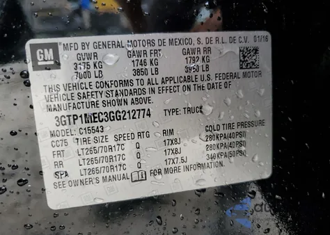 2016 GMC Sierra C1500 Sle from USA, damaged, VIN 3GTP1MEC3GG212774